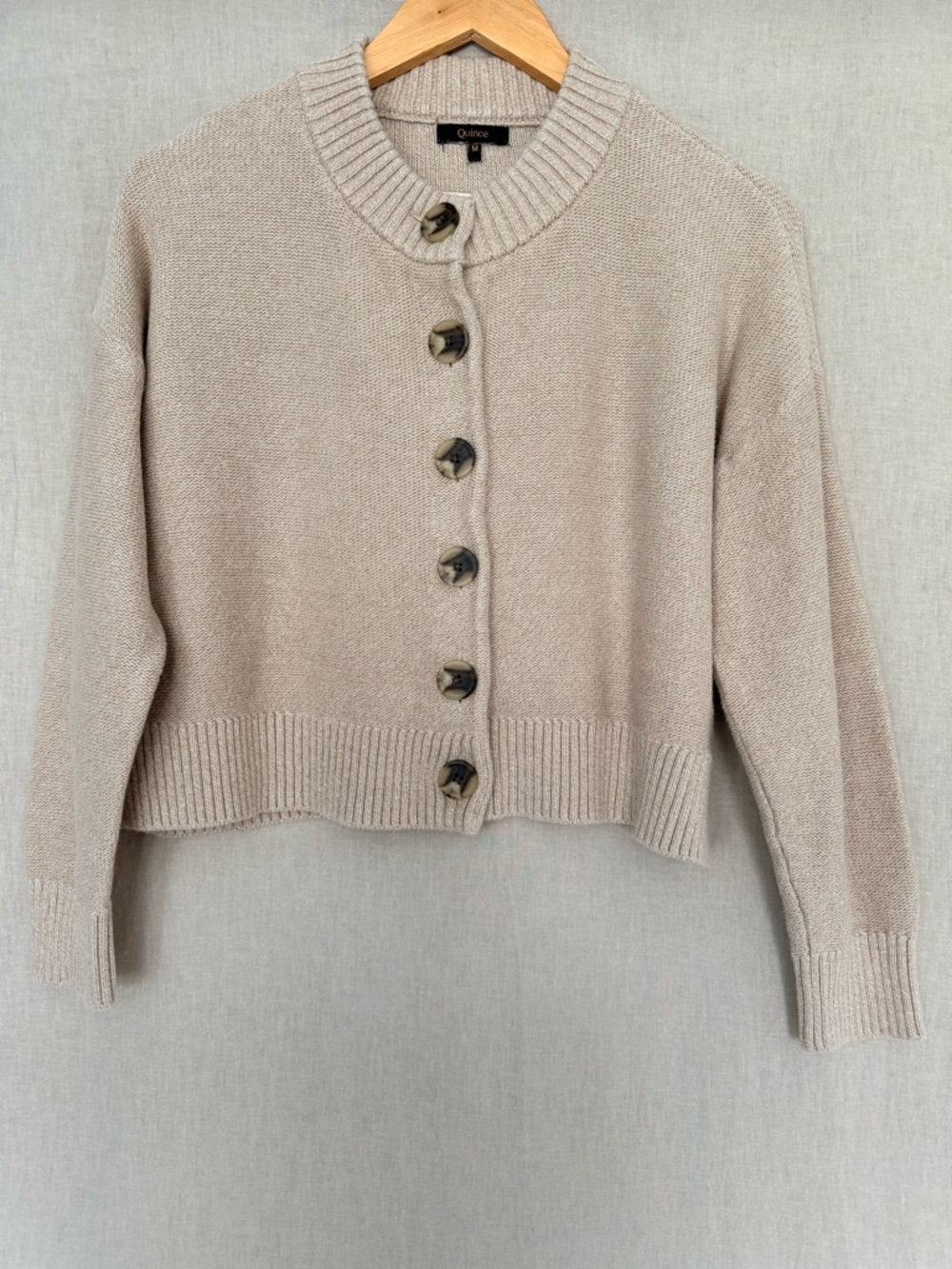 Quince | Organic Cotton Cropped Cardigan | Taupe Textured Knit Tortoise Button M - Picture 2 of 9